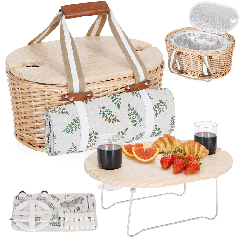 Picnic Basket Set For 2 - Wicker Insulated Picnic Basket Waterproof