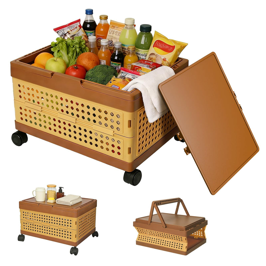 Bestery Picnic Basket with Wheels -32L Large Capacity Plastic Storage Wood