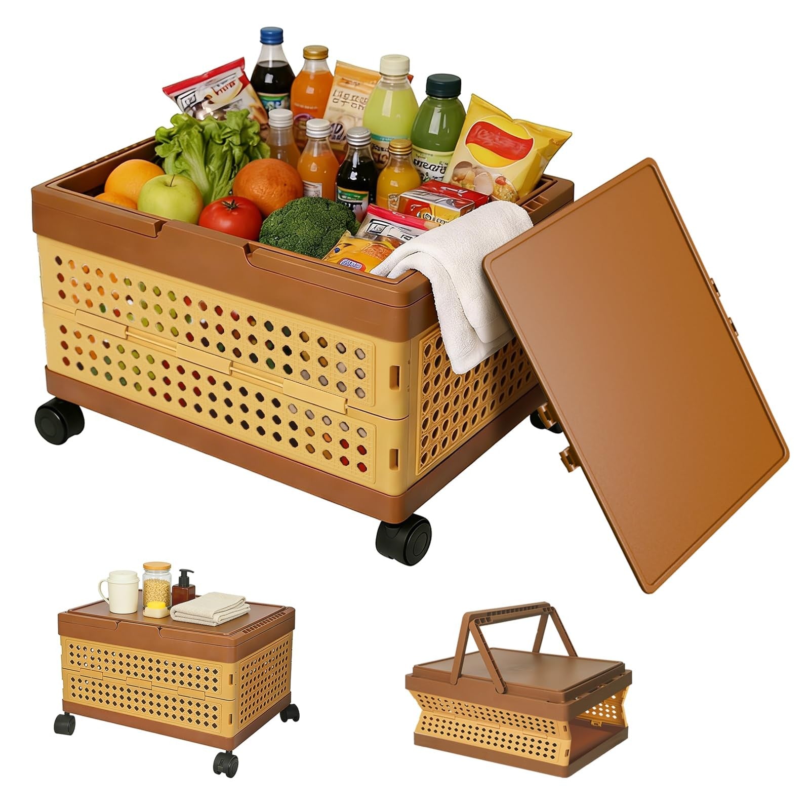 Bestery Picnic Basket with Wheels -32L Large Capacity Plastic Storage Wood