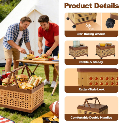Bestery Picnic Basket with Wheels -32L Large Capacity Plastic Storage Wood