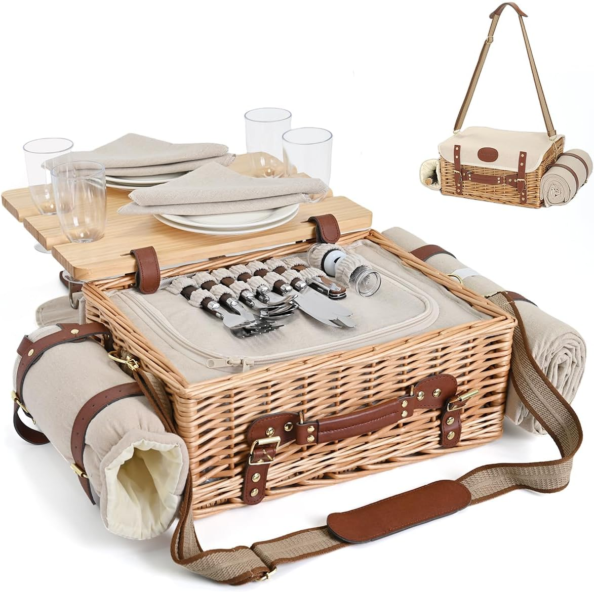 32Pc Wicker Picnic Basket Set 4 Person Insulated Blanket Folding Table Tableware