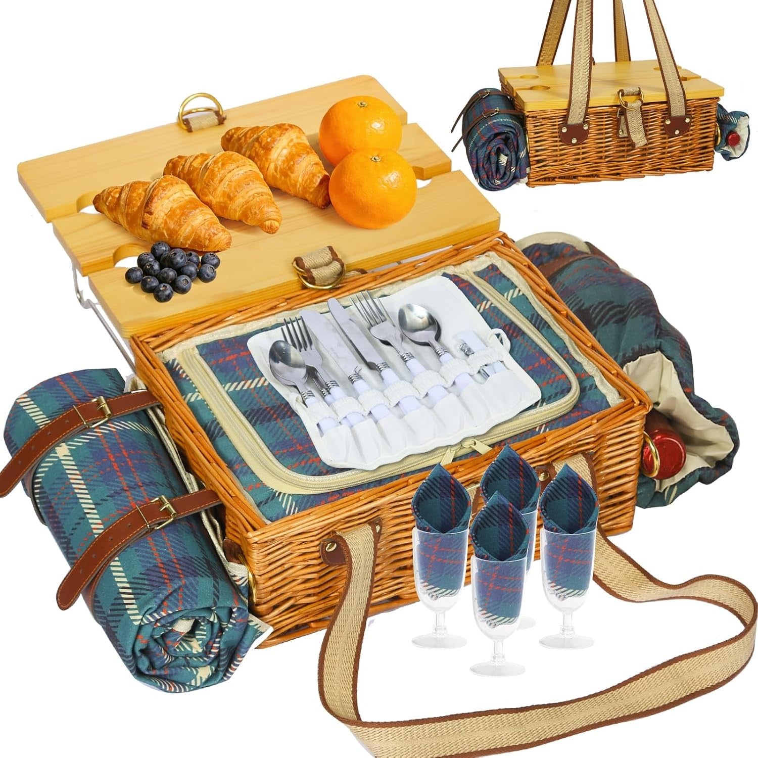 Picnic Basket for 4 with Folding Table, Large Wicker Picnic Basket Set with