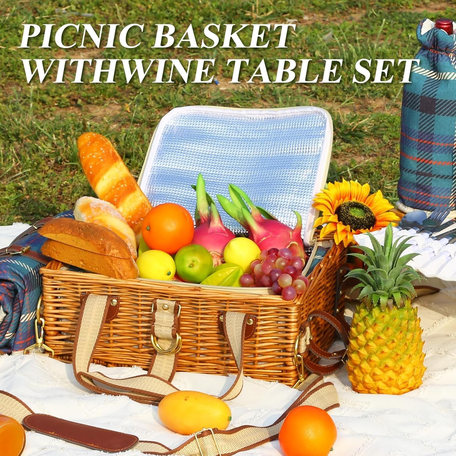 Picnic Basket for 4 with Folding Table, Large Wicker Picnic Basket Set with