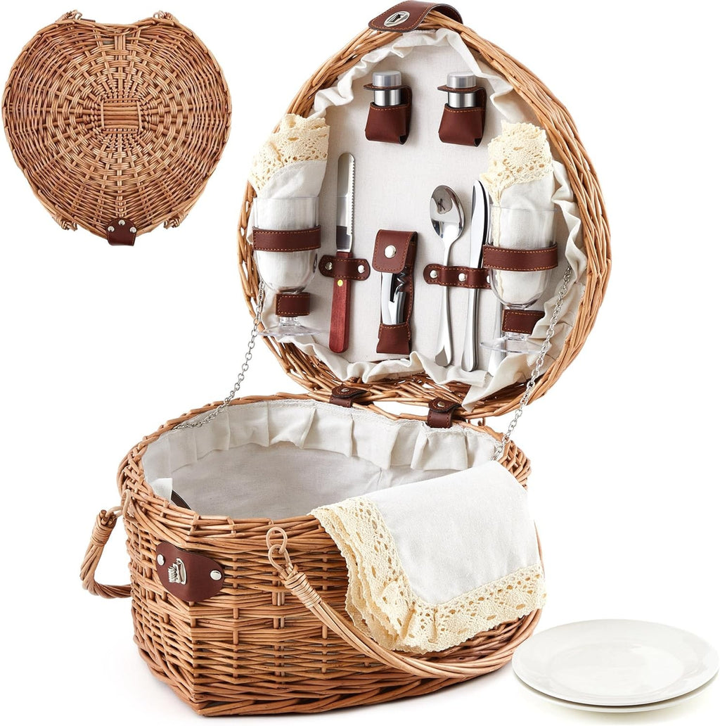 Heart Picnic Basket with 2 Person Tableware Set Wicker Picnic Basket Couple for