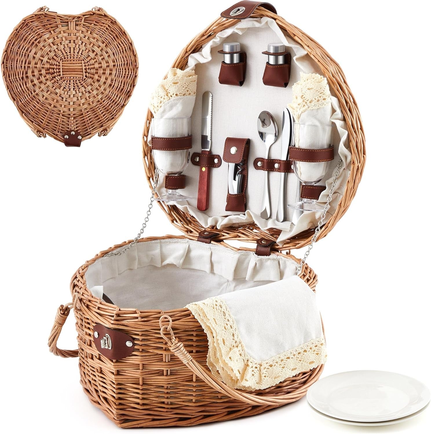 Heart Picnic Basket with 2 Person Tableware Set Wicker Picnic Basket Couple for